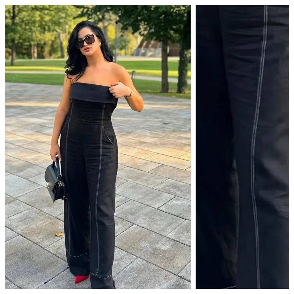 NWT. Zara Black Linen Blend Strapless Long Jumpsuit. Size M.